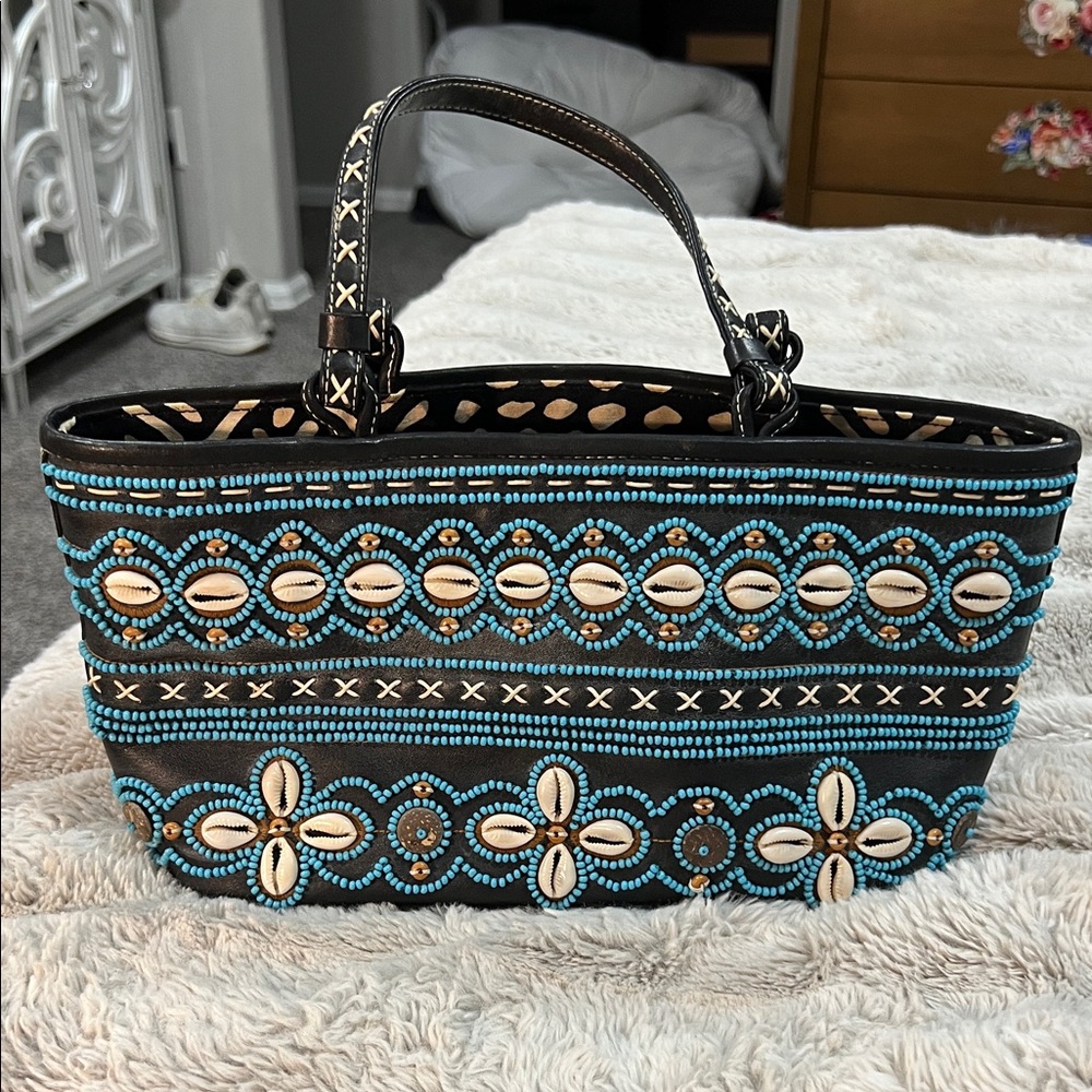 Isabella Fiore Black Mini Tote with Turquoise Beads and Cream Shells